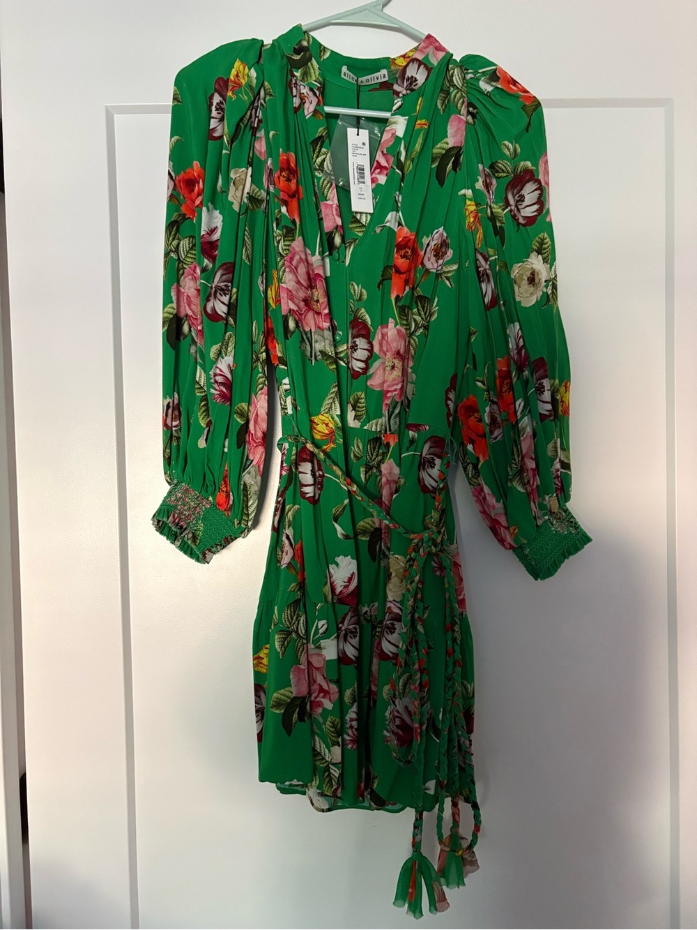 Alice + Olivia Green Floral Wrap Dress with Puff Sleeves